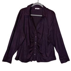 Calvin Klein Blouse Womens 1X‎ Purple Stretch Ruched Velvet Button-Front